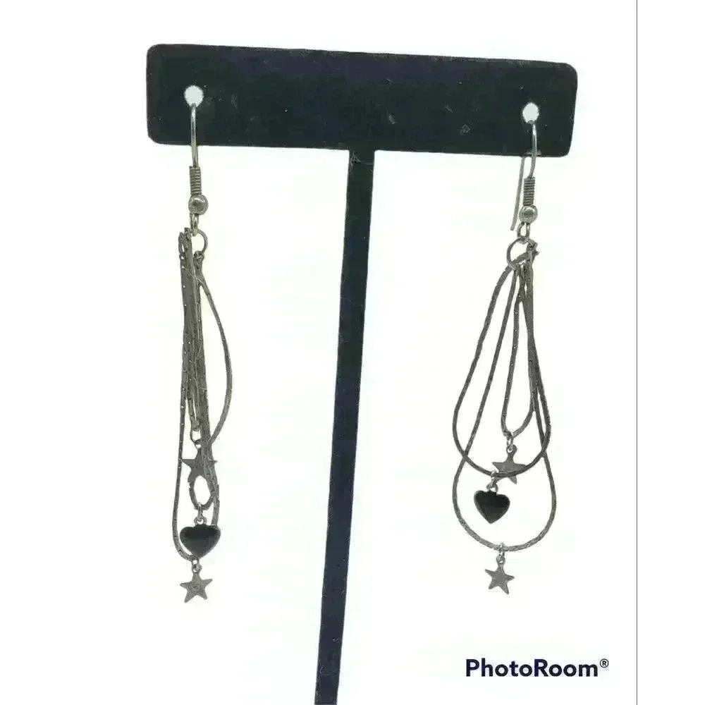 Vintage Silver Earrings Long Herringbone Chains Star Moon Charms 80s Dangle